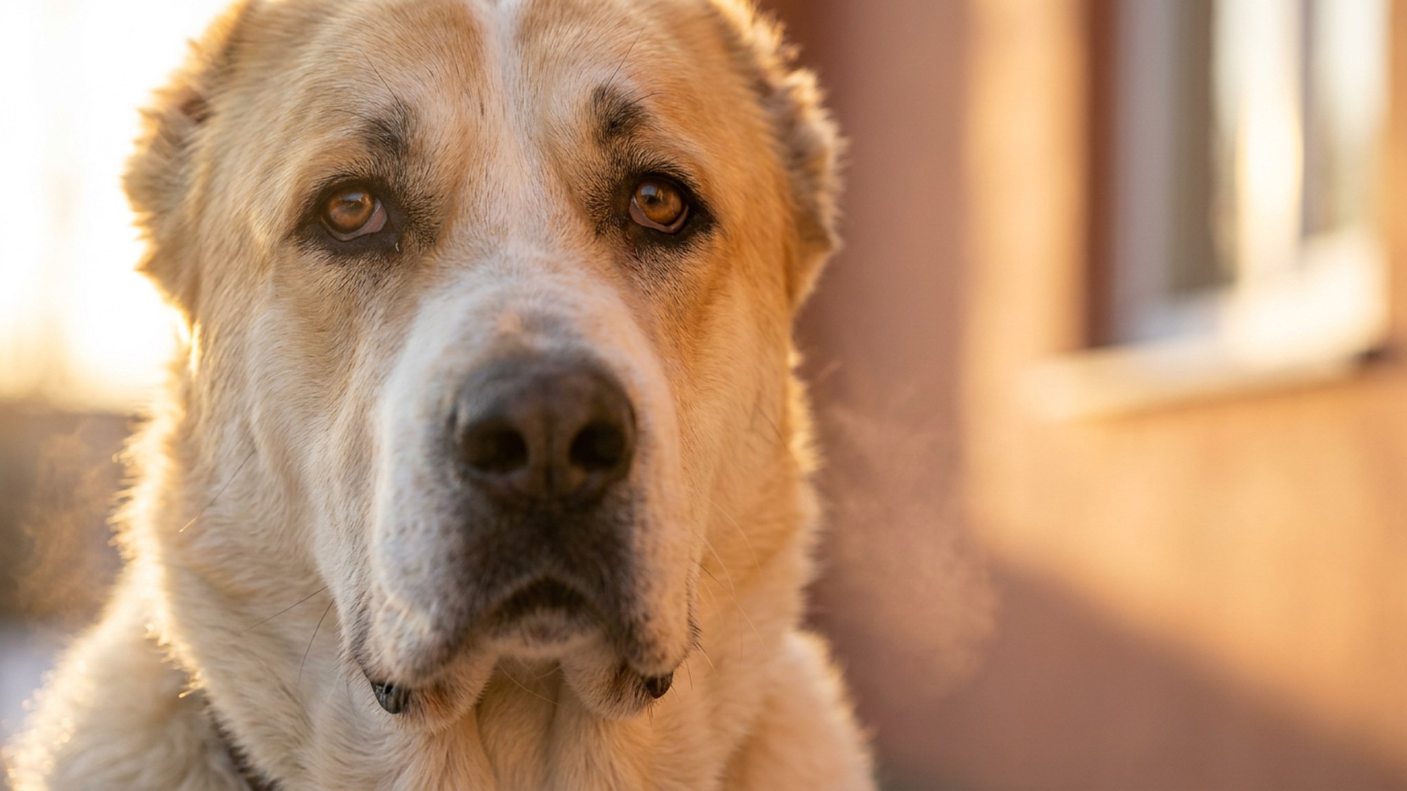 алабай среднеазиатская овчарка взрослый пёс во дворе, мощный, спокойный взгляд, солнечный день