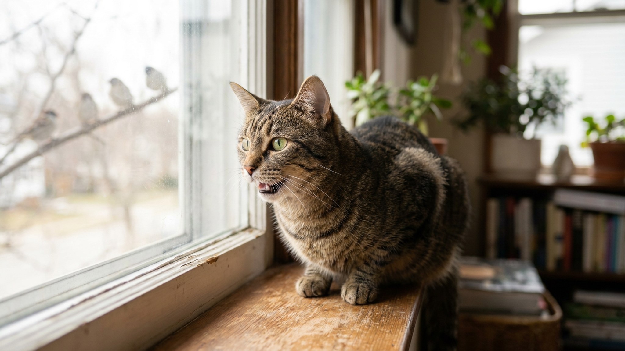 Кошка сидит на подоконнике, напряжённо смотрит на птиц за стеклом, нижняя челюсть слегка дрожит