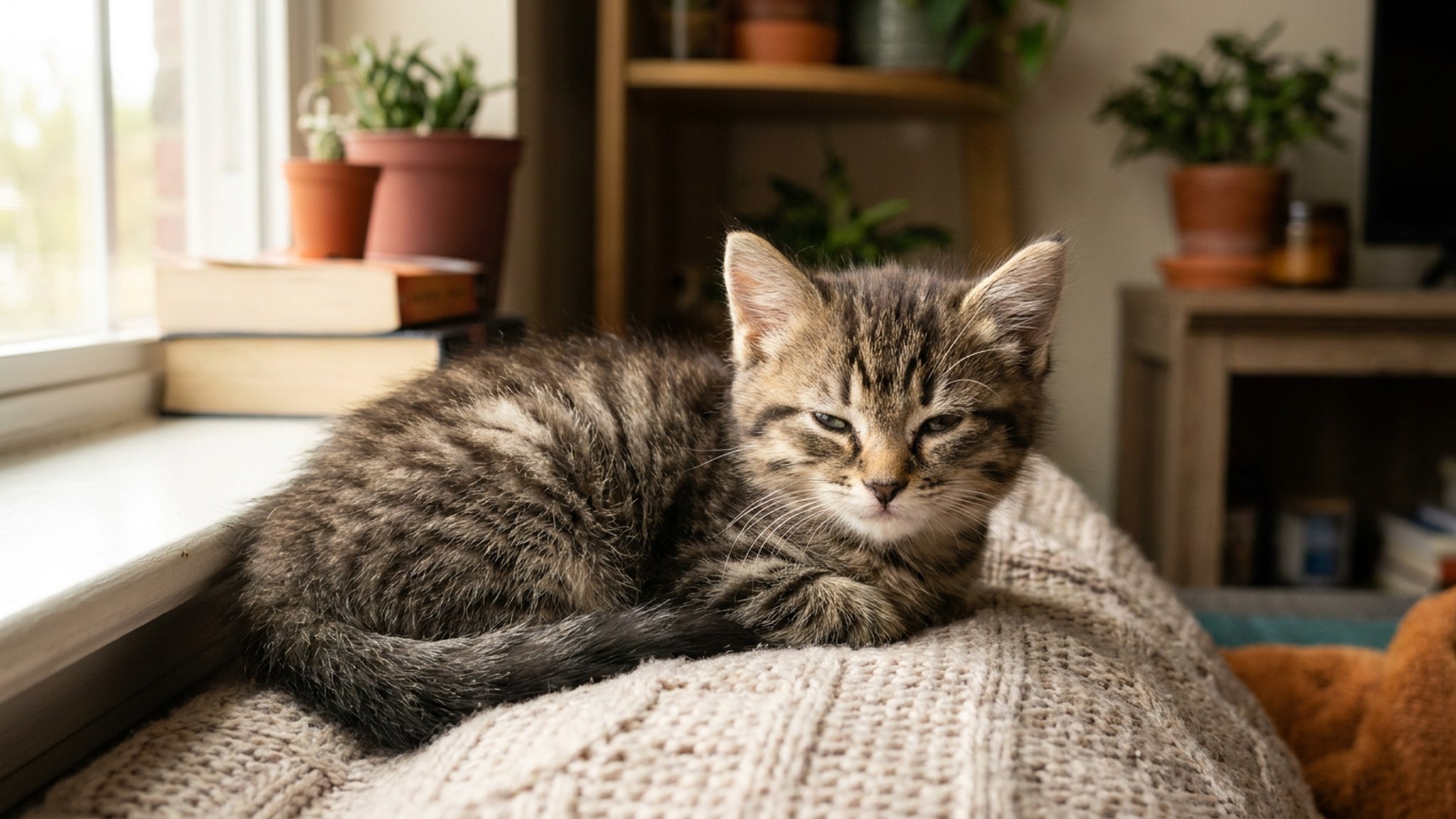 Маленький котёнок свернулся калачиком в мягкой корзинке, рядом плюшевая игрушка, тёплый приглушённый свет
