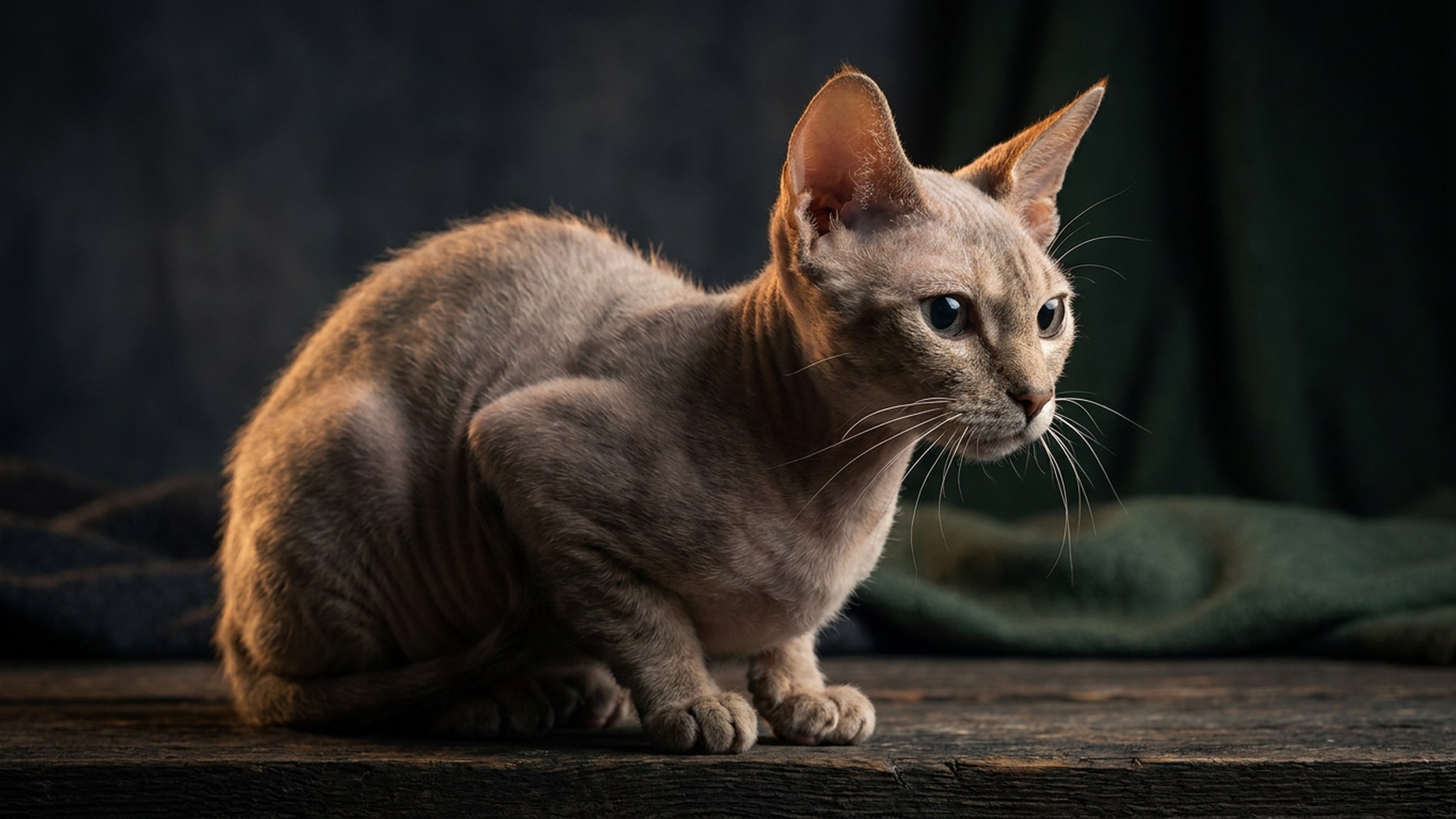 Кошка минскин крупным планом: короткие лапки, большие уши, почти голое тело с пушистыми носочками и хвостом, тёплый домашний свет